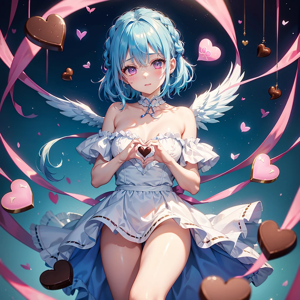 Sky blue hair、Braided Short Hair、Pink Eyes、Fair skin、whole body、One person、shy、Lots of hearts in the background、(Heart-shaped chocolate)、(Chocolate Angel)、Valentine's Day、masterpiece、Highest quality、Very detailed、Best Shadow、Detailed Background、Beautifully detailed face、High Contrast、Best lighting、Very delicate and beautiful、Cinematic Light、Hyper Detail、8k、Dramatic Light、Exquisite detail、Making a heart symbol with hands