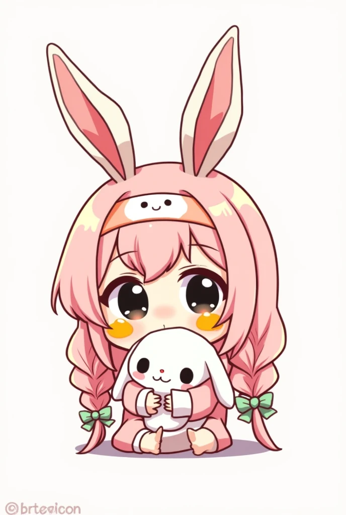 A chibi drawing of a girl with long, light pink hair in two braids, wearing a bunny headband. She is dressed cutely, has two fried eggs on her cheeks, big black eyes, and is holding a rabbit.