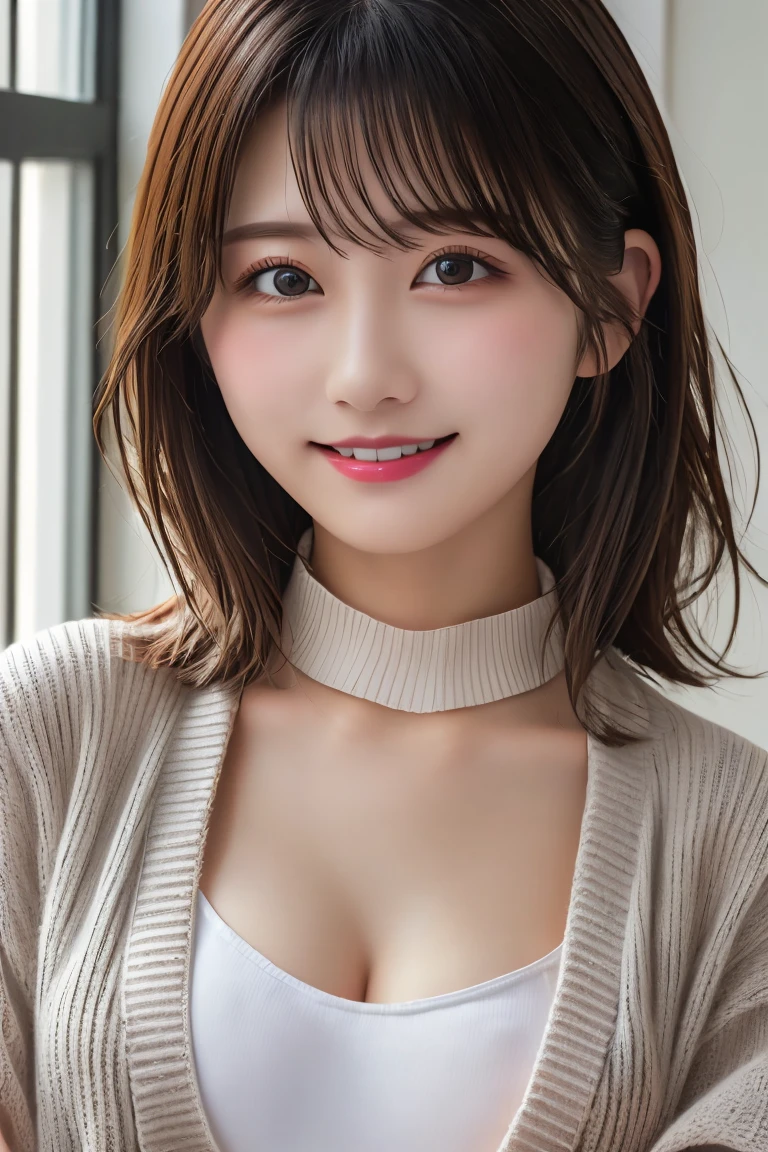 8K highest quality, (beautiful)、Brown Hair、Looking into the camera、Upper Body、Large breasts、Black Micro Bikini、Medium Hair、smile、indoor、Open-front cardigan、Holding the collar of a cardigan with your hand
