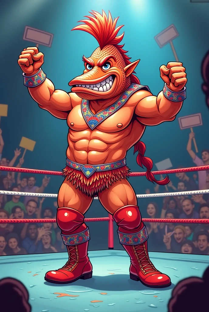 Cartoon salmon dressed like macho man Randy savage in wrestling ring