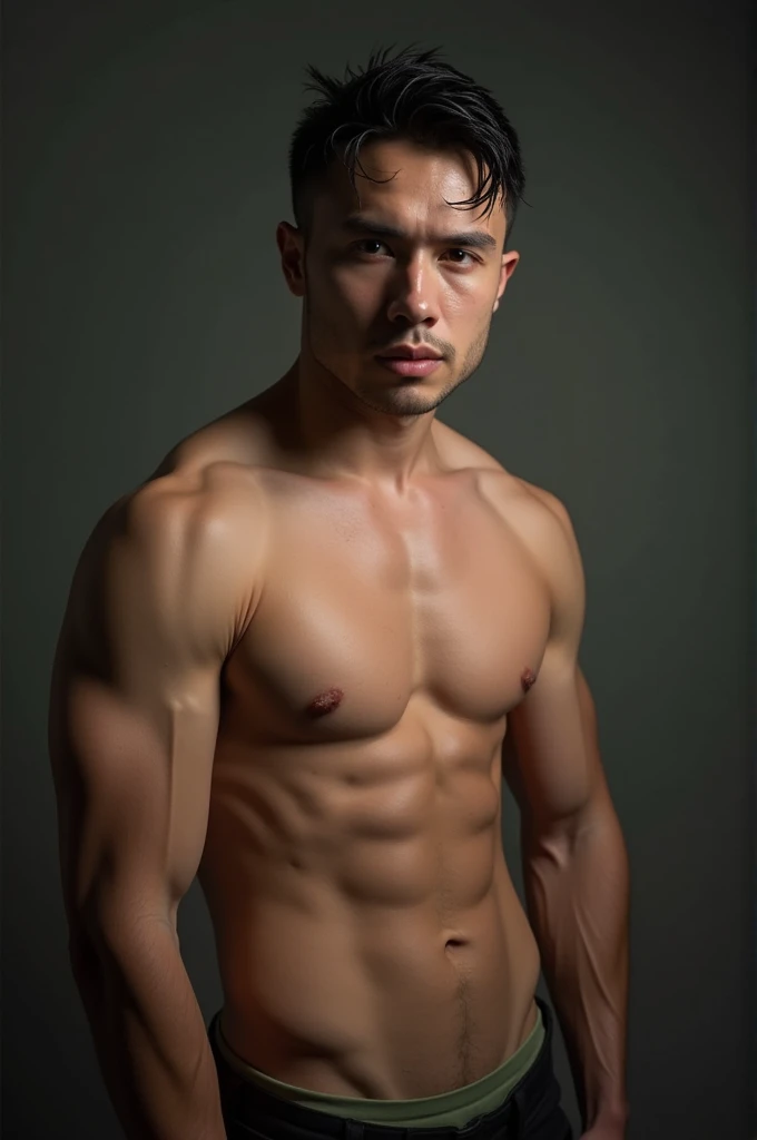 A naked hot asian white wet man with a wolfcut, showing his dick with cum