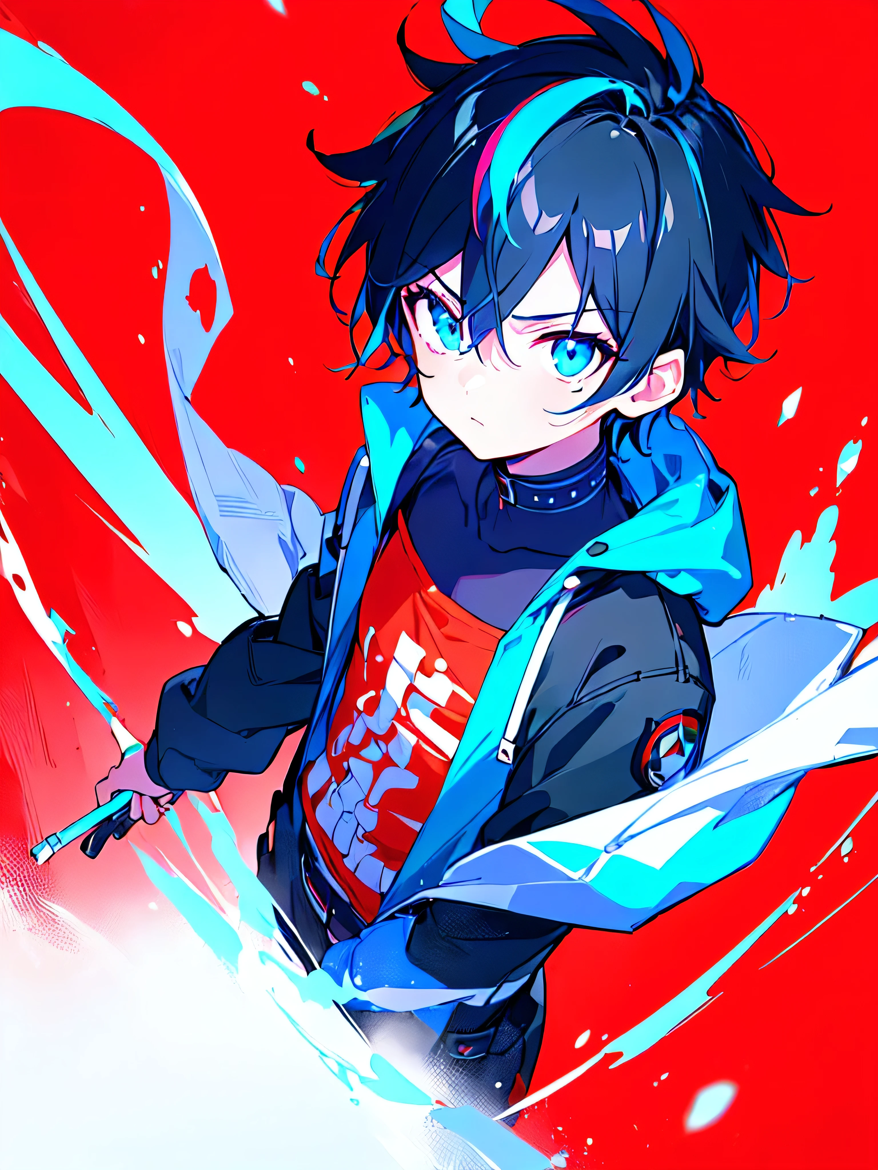 [(RED BACKGROUND:1.5),::5], ((((masterpiece)))), high quality, ultra very high resolution, full color, (((solo))), (()), BLACK short hair, ((Blue streaked hair)), (oriental deepblue eyes), anime, ((upper body)), Summer clothes, neon light, black parka, glaring