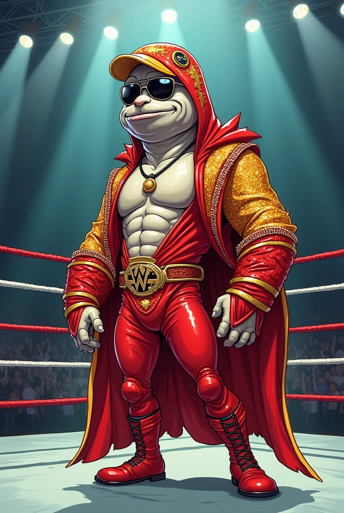 Cartoon salmon dressed like macho man Randy savage in wrestling ring