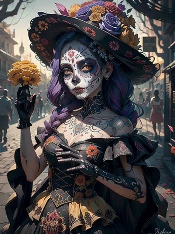 The portrait features a woman in the foreground, her face covered with an elaborate Mexican mask of the dead, known as 'Catrina'. The mask is vibrant and detailed, with intricate floral designs and skulls painted in intense colors like red, blue, Gold and purple. The woman's eyes, dark and deep, gaze directly at the viewer, conveying a mix of serenity and mystery.
The makeup surrounding the mask is decorated with flower and spider web motifs in metallic tones, adding a touch of brightness against the white and painted skin. Her hair is adorned with a crown of colorful flowers, typical of the Day of the Dead, that add an element of celebration and life to the scene.
The background is absolute darkness, making the colors of the mask and flowers stand out with great intensity. Dramatic lighting falls on her face, accenting the contours of the mask and creating deep shadows that add an air of mystery and solemnity. The contrast between the vibrant colors of the mask and the darkness surrounding it creates a powerful and emotional atmosphere, that captures the essence of the Day of the Dead with a touch of drama and beauty
