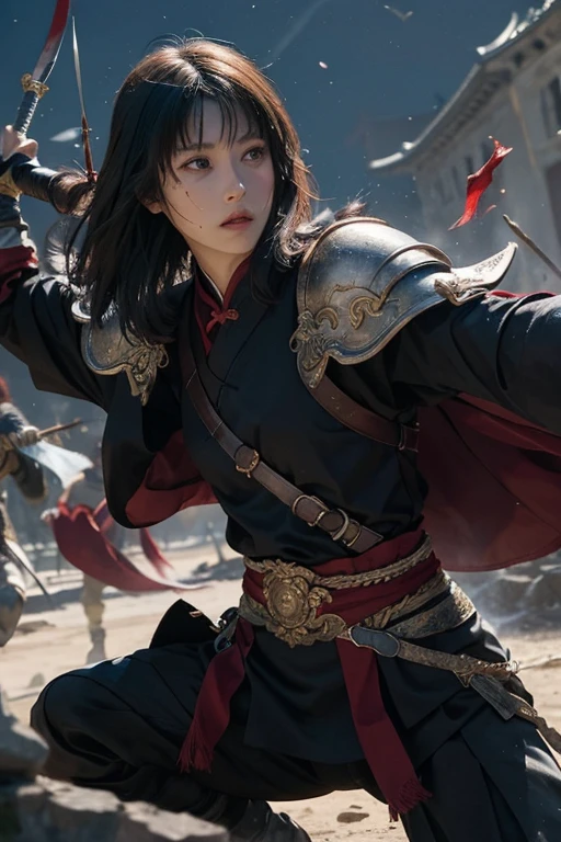 (Positive Focus)、(in the darkness nigth:1)、(beste-Qualit)、(Realisticity:1)、realistic skin textures、Extremely detailled、8k wall paper、volume illumination、Dynamic lighting、babes、black robes、red obi、small amount of armor、armor on the shoulders、Waist protection、hand guard、veils、Holding a short sword in front of you、Ancient Chinese Wind、Escape Action、Run、scape、Chased、 Waist dagger、Semi-crouched attack stance、blood stain、Clothes torn、ancient Chinese battlefield、Group of ancient soldiers chasing and killing、Flying arrows、war、nights、dramatic compositions、sayaairie、