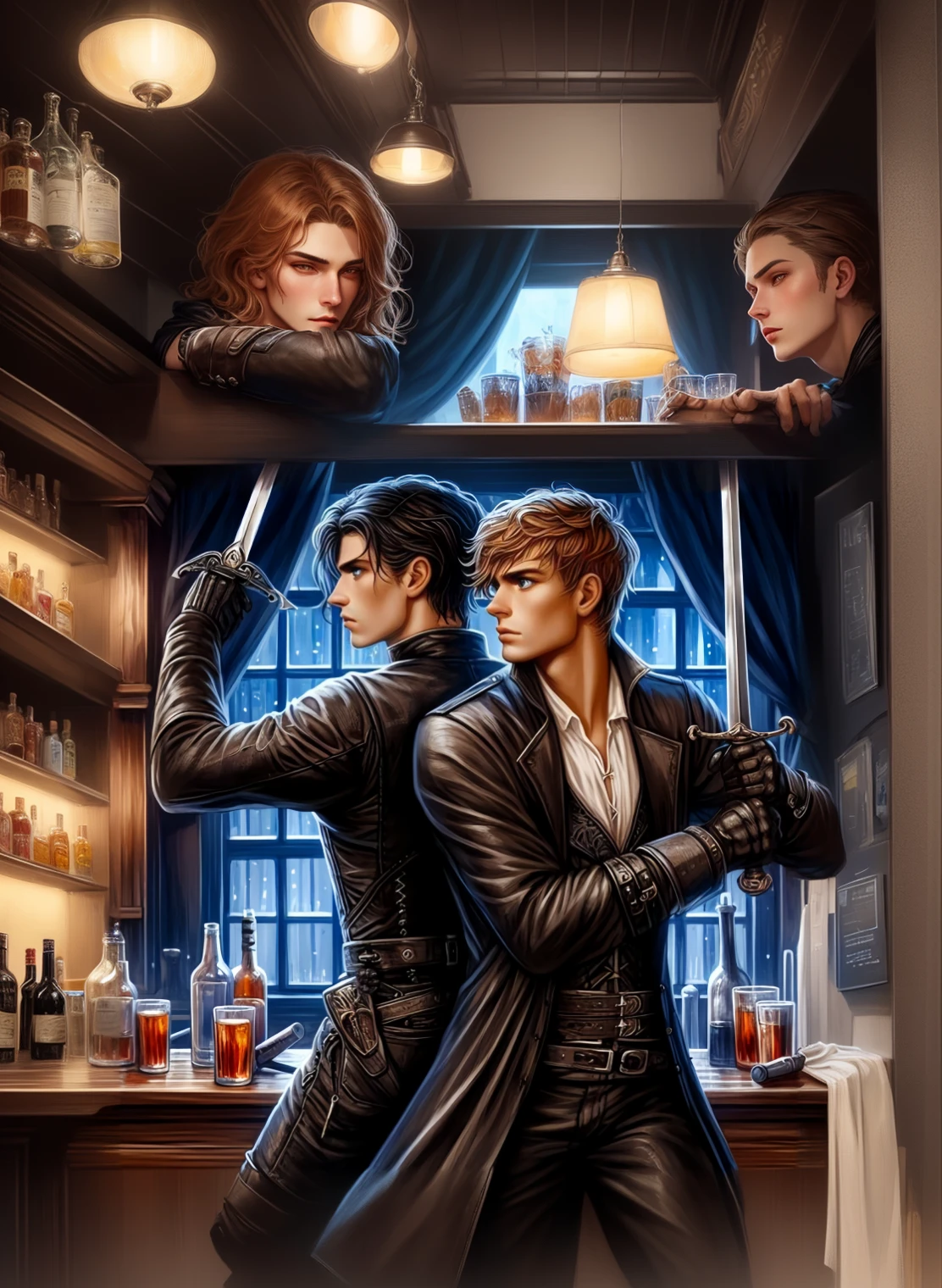 two men in leather jackets are standing in front of a bar, edmund blair and charlie bowater, charlie bowater and mark brooks, charlie bowater and tom bagshaw, darius zawadzki and tom bagshaw, charlie bowater and artgeem, tom bagshaw and tom richmond, stylized urban fantasy artwork, neoartcore and charlie bowater