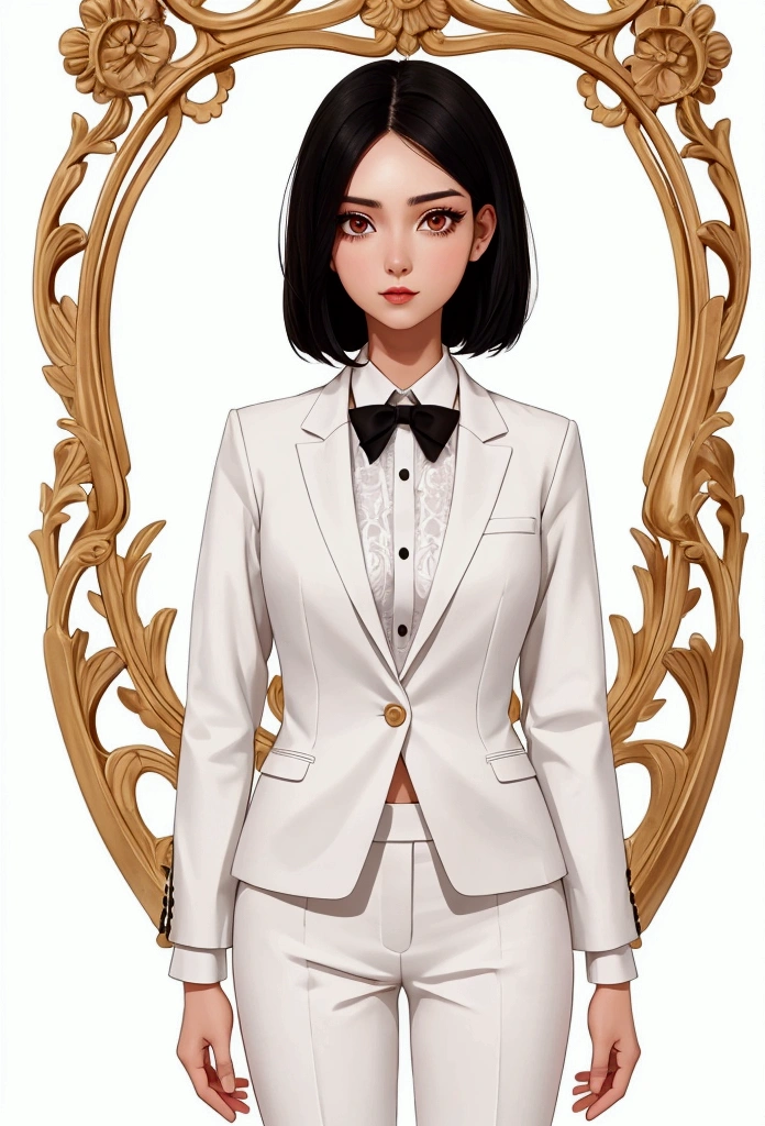 adult  woman, slim, fully body, black hair and very short, eyes browns, wearing formal clothes, image with white background.