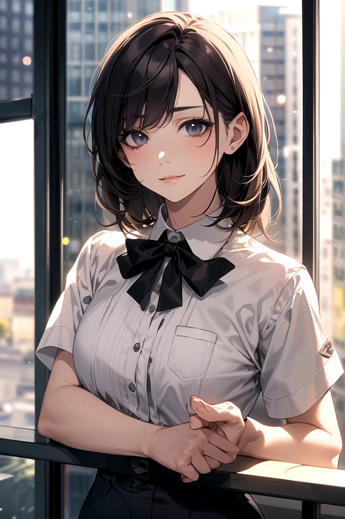 One person, Mature Woman, Best, bow, Highest quality, employment, Detailed face, office, Building seen from the window, Detailed Background, Diffused sunlight, Depth of written boundary, Bokeh
