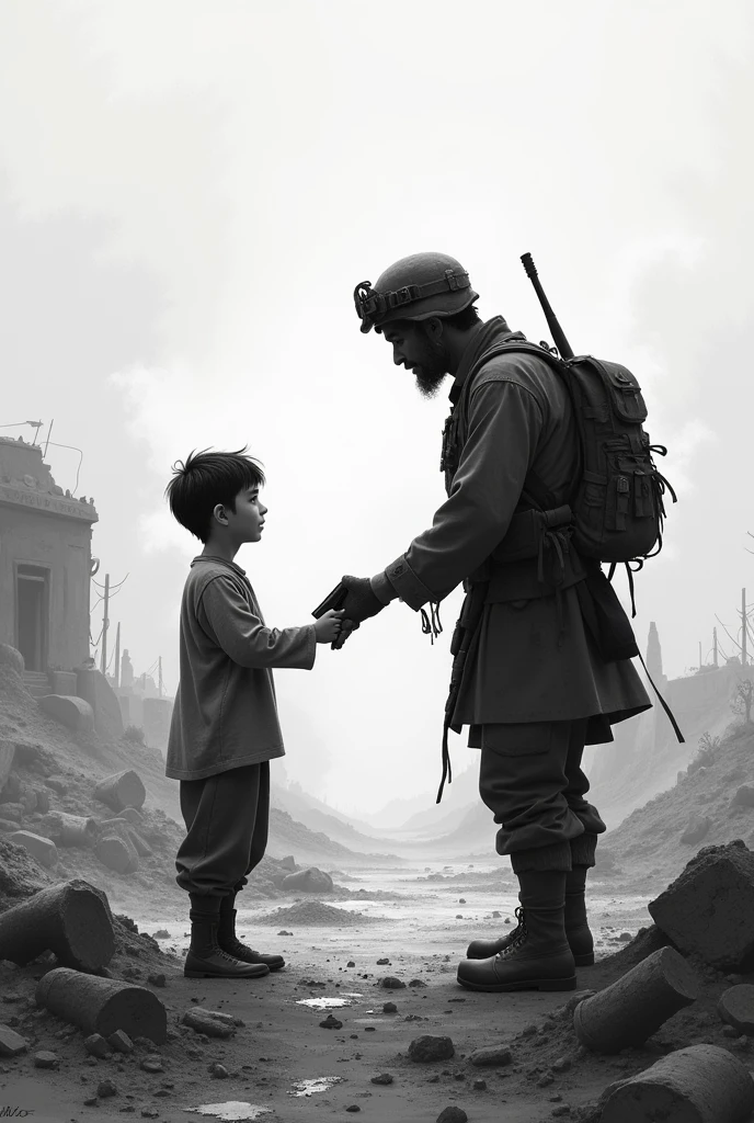 In a sombre and poignant black and white scene, a , with an expression of tenderness and hope, extends a book to a soldier in the middle of a devastated battlefield. the boy, with simple and worn clothes, It seems to contrast with the harshness of the war environment that surrounds it.. The soldier, covered in dust and with a look of surprise and gratitude, receives the book with hands marked by conflict. At the bottom, The landscape shows the desolation of war: debris, smoke and destroyed structures, all under a greyish sky that emphasizes the melancholic tone of the image. This scene captures a moment of humanity and hope in the midst of adversity..