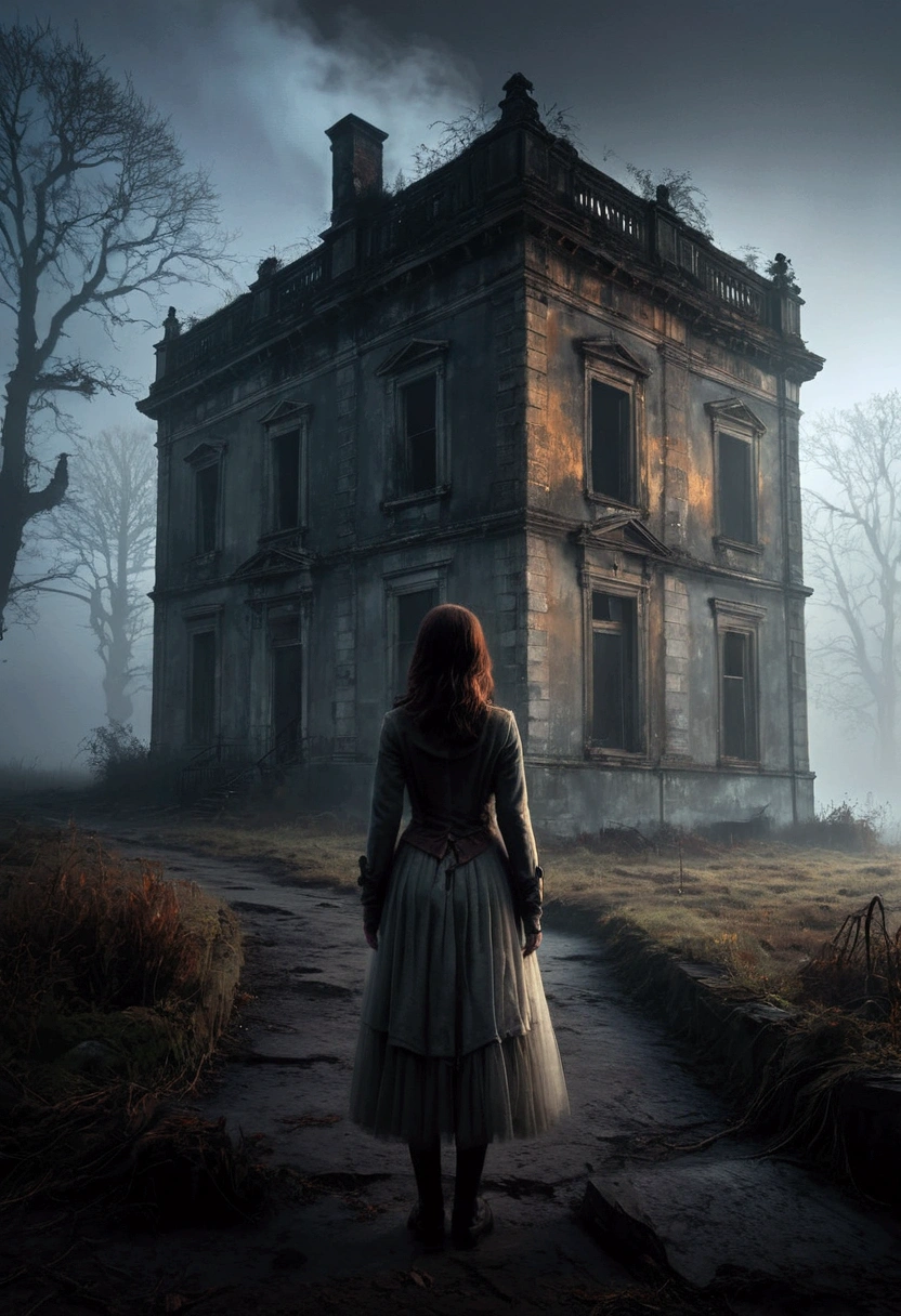 1girl, Mysterious Fog, a mysterious and eerie fog, a lone figure in the distance, dramatic lighting, moody atmosphere, detailed mist and fog, abandoned building in the background, gloomy and haunting landscape, detailed texture and rendering, cinematic composition, dramatic color palette, chiaroscuro lighting, high contrast, masterpiece, best quality, very aesthetic, absurdres