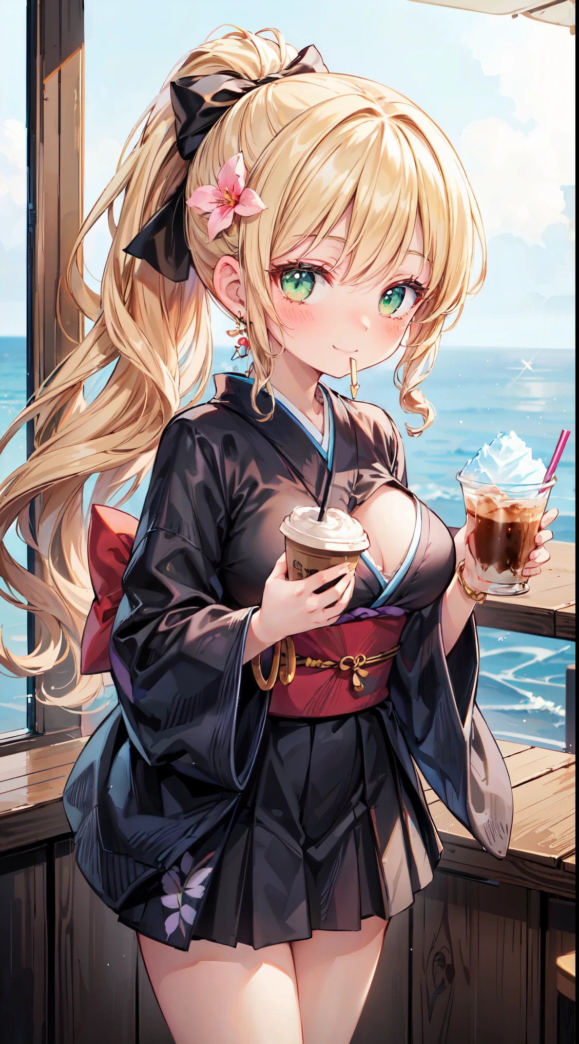 (8k, RAW photo, best quality, masterpiece, highres, absurdres, ultra detailed:1.3), (Photography, realistic, photo-realistic:1.4), (beautiful natural lighting, beautiful deatailed shadow, beautiful detailed glow :1.4), atmospheric,
BREAK, 1 beautiful girl, girl, (cute:1.5),(chibi:0.5),(cute:2.0),(Loli:2.0),( girl),(big breasts:1.65),(chin hair,blonde,blue bow,green eyes,Eyebrows visible through the hair,side lock,long hair with bangs parted, hair flower, hair ornaments, big ribbon in hair, curly hair, ponytail:1.6),:he, white feathers, one thin white wing, Ang he wings, spread,(blushed, Gentle smile:1.45) , BREAK
//Character
1girl,
BREAK
//Character
1-girl
Blake
//Fashion
Modern Kimono Inspired by Fireworks
This modern twist on the traditional kimono features a longer, above-the-knee length and a fitted waist. The light, flowing fabric of deep navy blue is decorated with an intricate multicolored fireworks pattern that sparkles with metallic threads,
BREAK
Strappy red sandals and delicate gold hairpins with small firework motifs, accessorized with simple gold earrings and matching bracelets,
BREAK
(A girl carries a large tray of shaved ice, a coffee shop at sea, beach background:1.2),(slender, long sleeves:1.2), (gorgeous table, huge shaved ice and huge sized iced coffee on the table:1.35), (left index finger in mouth,leaning forward:1.25),,
BREAK wakame,wakame,wakame,(cowboy shot,from front:1.4) BREAK manga illustration.media,manga style,(ultra rich intricately proper sketch+pastel+airbrush+colored pencil:1.1),(ultra highres composition details:1.2), (delicate illustration), (pastelcolor style illustration:0.9), (watercolor style illustration:0.4),