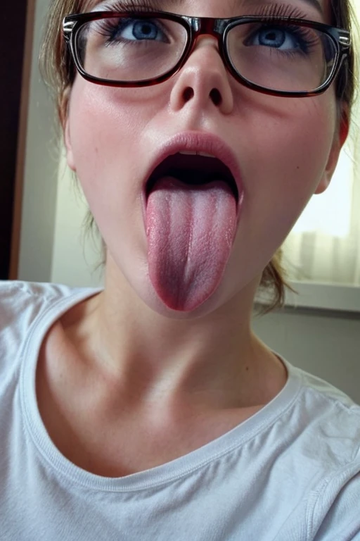 woman, beautiful girl, 、 Baby Face, Realistic skin of the highest quality, Eyes are focused, 20-year-old, Sticking out tongue, Focus on the mouth, Open your mouth, Long Tongue, saliva, Open your mouth , You can see inside the mouth, Open your mouth Sticking out tongue, Realistic tongue、Provocative eyes、look up、attractive、Wearing glasses