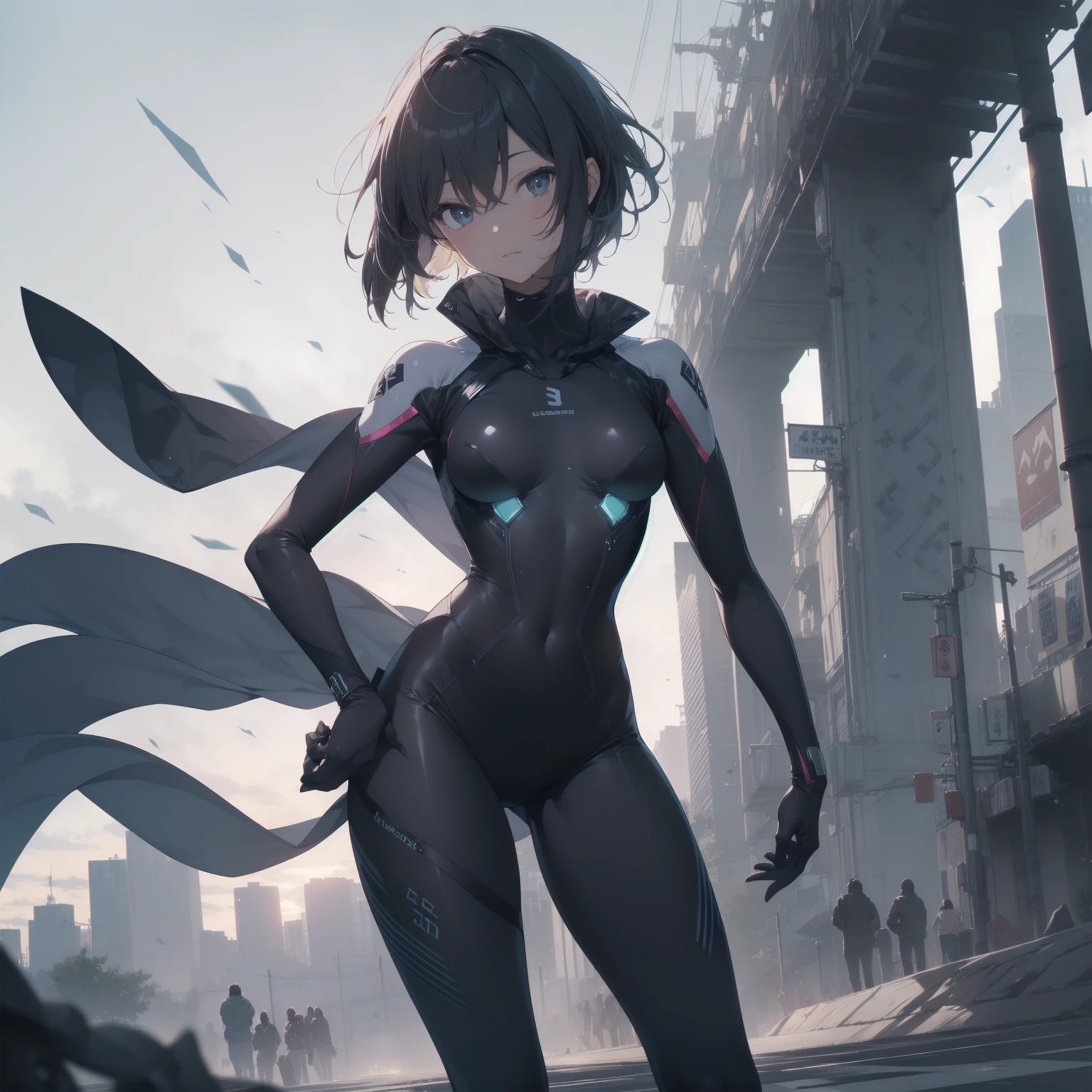 ultra-absurdres-Top quality by artist God, ultra-detailed, high resolution, anime moe artstyle, best anime 8k konachan wallpaper, pixiv contest winner, pool:2810, perfect anatomy,break, 1girl, (Please draw a girl dynamic action sleepily to skyscraper alone. )break,(Solo,little female, 16-year-old:1.3),Full limbs, complete fingers, cyberpunk, (very short hair), pixie cut, large breasts, groin, butt, small black eyes, beautiful detailed eyes, well-proportioned iris and pupils, expressive eyes, highres detailed hair, expressionless , bodysuit, plugsuit, (Detailed Lighting), (Detailed background), in the cityscape. break,super detailed skin, Best cinematic lighting powered by famous artist, 8k,sexual illustration,photoshop_(medium),very aesthetic,break,((artist:izumi_tsubasu )), artist:clamp ,artist:carnelian ,artist:kantoku ,
