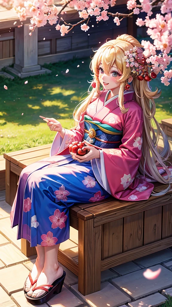 A kimono-clad Super Mario character enjoying a cherry blossom viewing party、Princess Peach