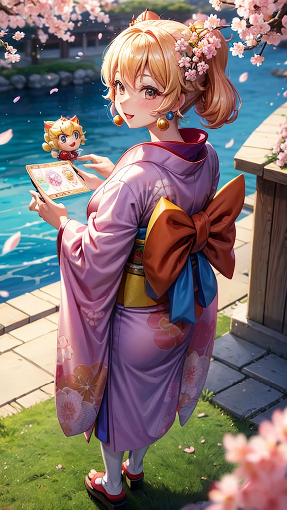A kimono-clad Super Mario character enjoying a cherry blossom viewing party、Princess Peach