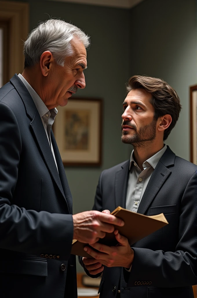 Genere moi une image ou un homme de la soixantaine donne des instructions à un homme de la trentaine