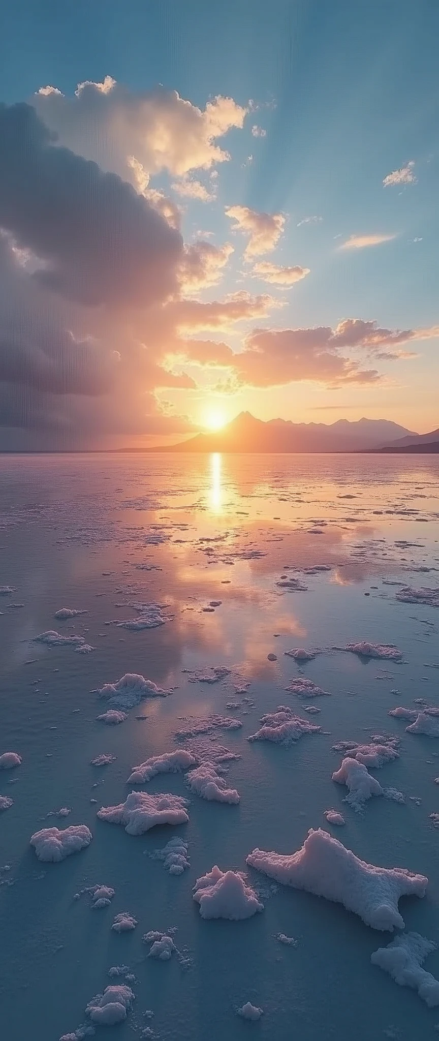 (masterpiece:1.2,Highest quality,Ultra-high resolution,Very detailed,Realistic,RAW Photos:1.2,Elaborate photos),8k,wallpaper,(Ray Tracing),Bolivia,Uyuni salt lake,The flattest place in the world,(A majestic salt lake,Drawing a beautiful and endless water surface,Diffuse reflection of light),(A photograph capturing the magnificent scenery reflected on the water's surface:2.0),Asahi,The beautiful sun reflected on the water surface