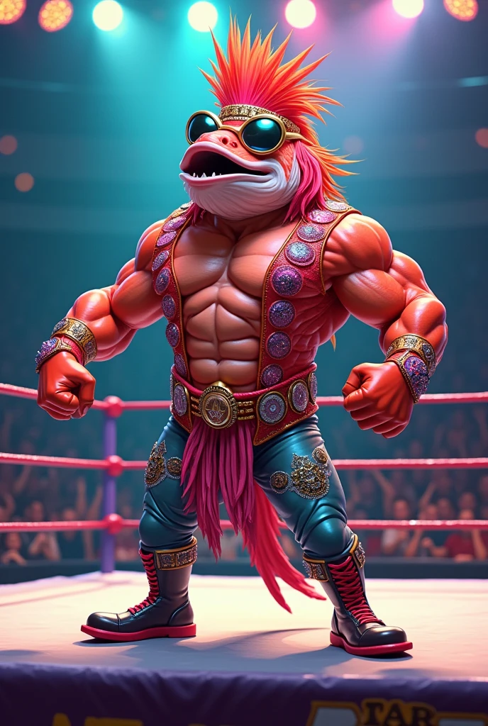 Cartoon salmon dressed like macho man Randy savage in wrestling ring 