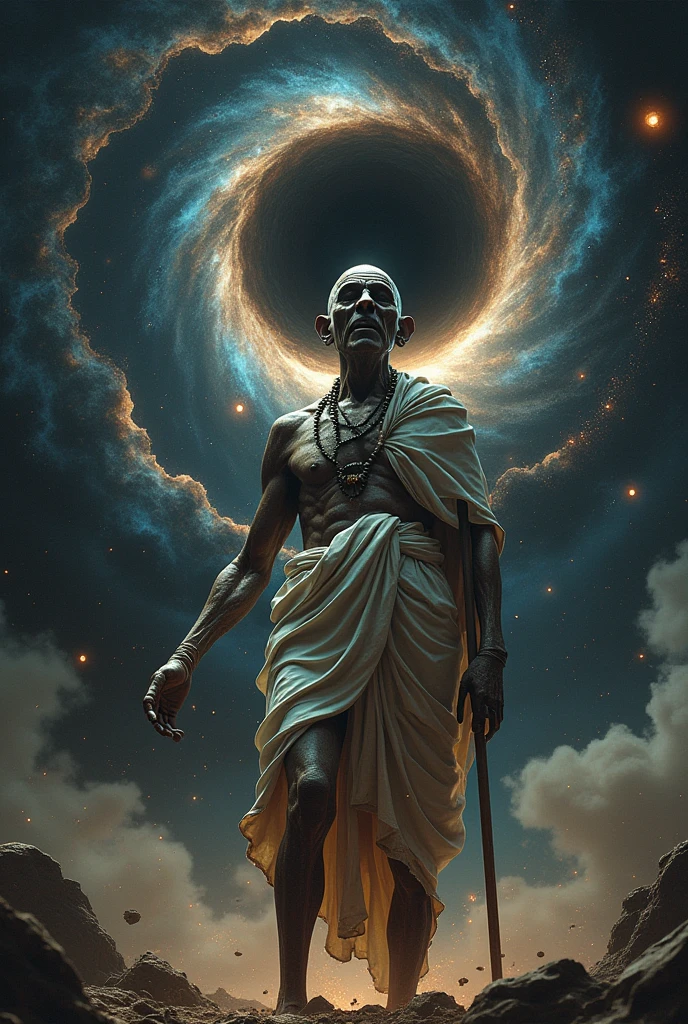 (the sign "infinity"), illustration that embodies human stupidity and greed, deformed figure of Mahatma Gandhi, background galaxy, black hole, graphic CG digital artwork