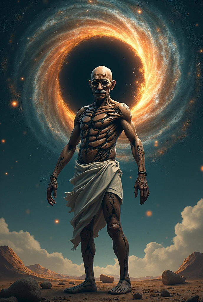 (the sign "infinity"), illustration that embodies human stupidity and greed, deformed figure of Mahatma Gandhi, background galaxy, black hole, graphic CG digital artwork