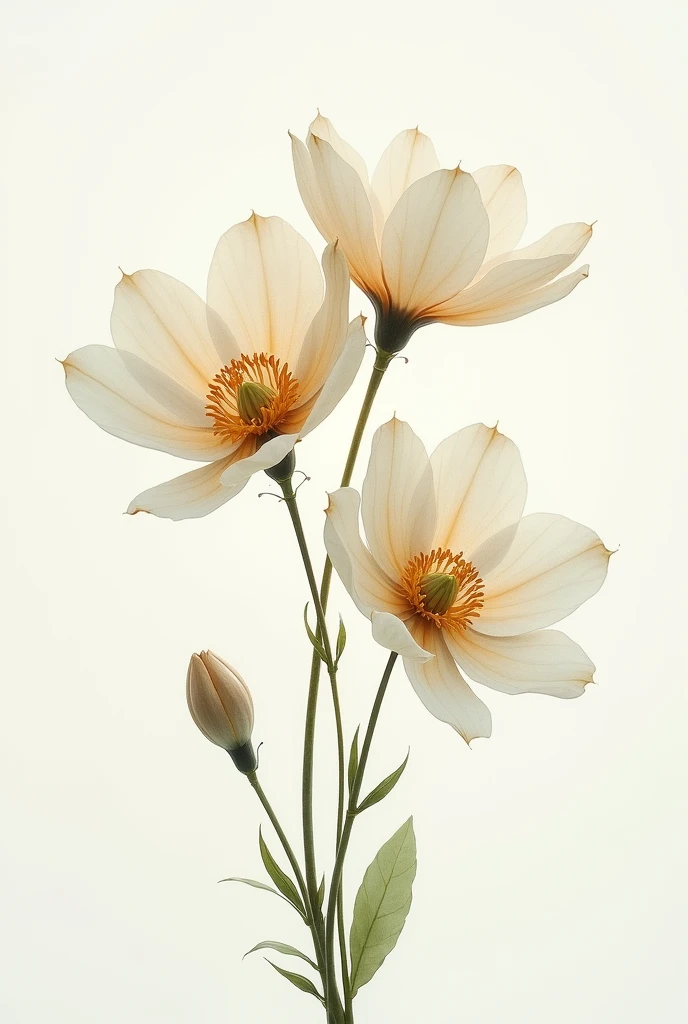 Dead, delicate, almost translucent, watercolor flowers with drops of water falling from them. The delicate nature of the flowers and the water could symbolize the fragile and ephemeral nature of life, highlighting the beauty in its transience.