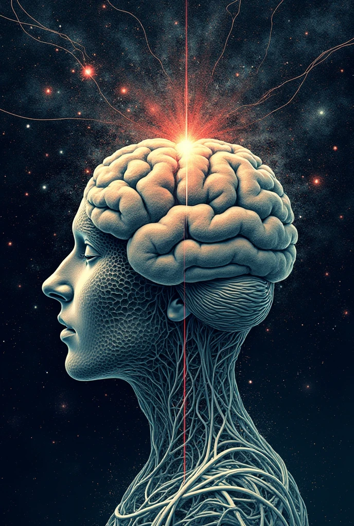 Book cover for a book about neural networks and philosophy! The human brain against a background of neurons and space! ... abstract
