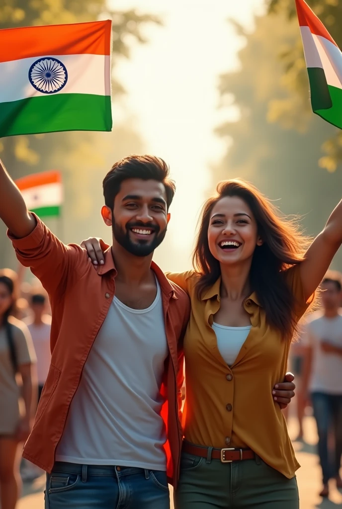 Indian male, Philippines girl, She is 25 years oldBoth of them have an one Indian flag in their hands,They both celebrate Indian Independence Day,A few people were watching them, "happy Indian Independence day August 15"text in background