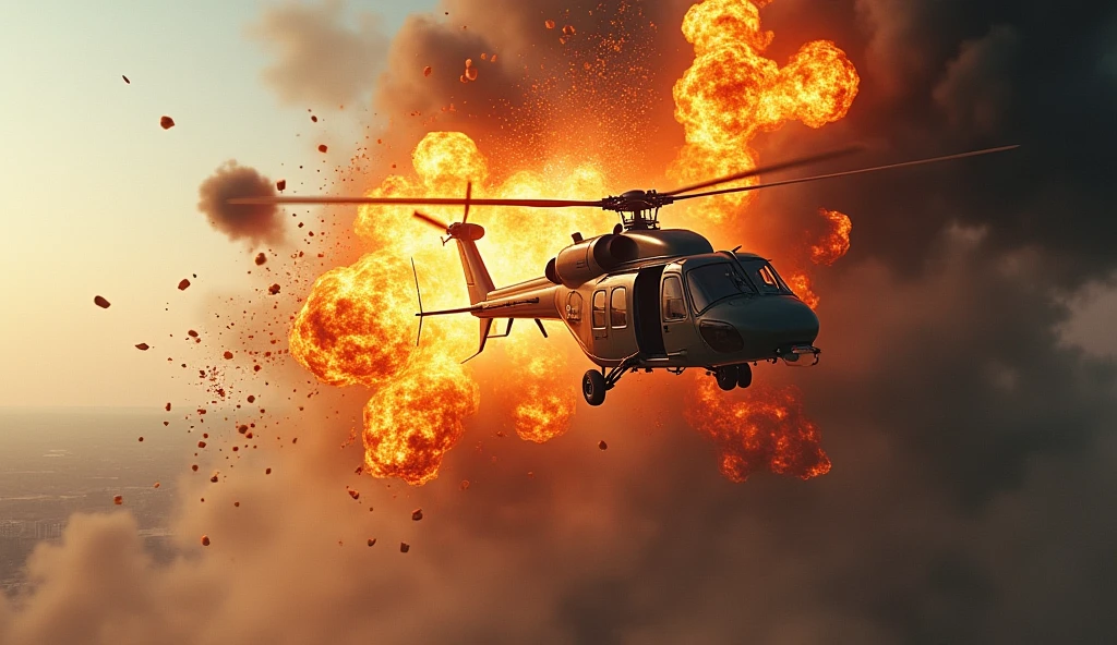 Make a picture of a helicopter exploding in the air. Add big fire. Describes a very powerful explosion