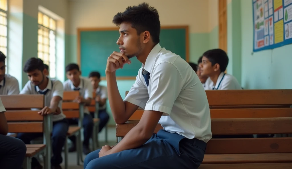 "A realistic image of an Indian student sitting on a school bench, deep in thought about his future. He is pondering whether to choose science, arts, or commerce after 10th grade. The student is dressed in a school uniform and the background shows a school setting with classmates and educational posters."