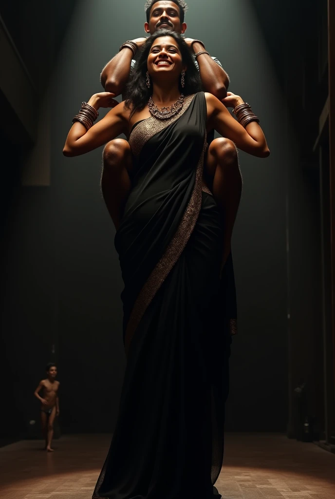 Create a scene where a smiling and beautiful Indian actress in black saree is carrying a large man on her shoulders inside a dark room, man is sitting on her shoulders , dynamic lighting 