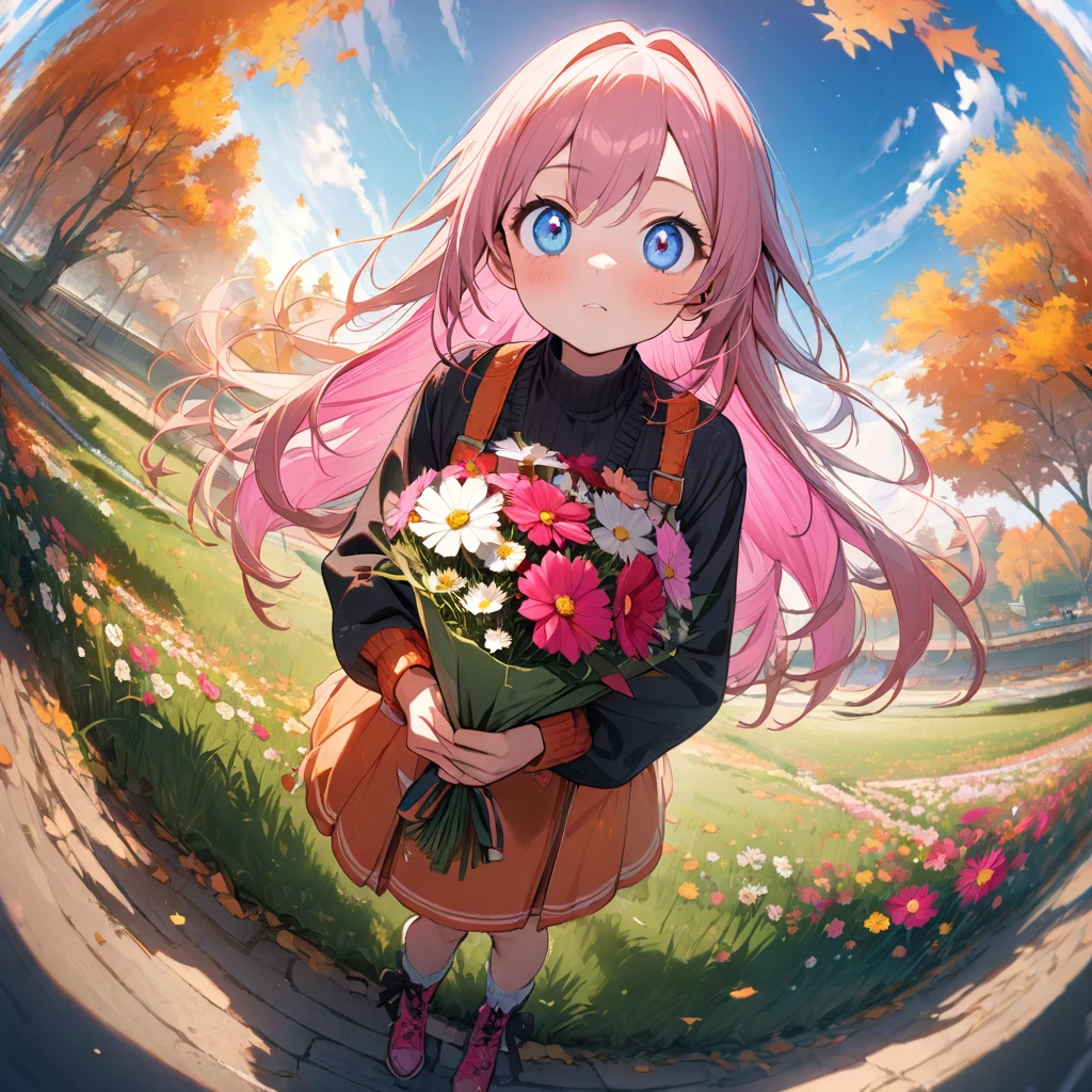1 idol,solo,,holding a bouquet,amazing quality, aesthetic, aesthetic,ultra-detailed face,detailed eyes,DeepPink eyes,round eyes,Hotpink hair,LightPink inner hair,long hair,Autumn fashion,Standing,fisheye,cosmos garden,butterfly,blue sky,highly detailed illustration,masterpiece,8K,top quality