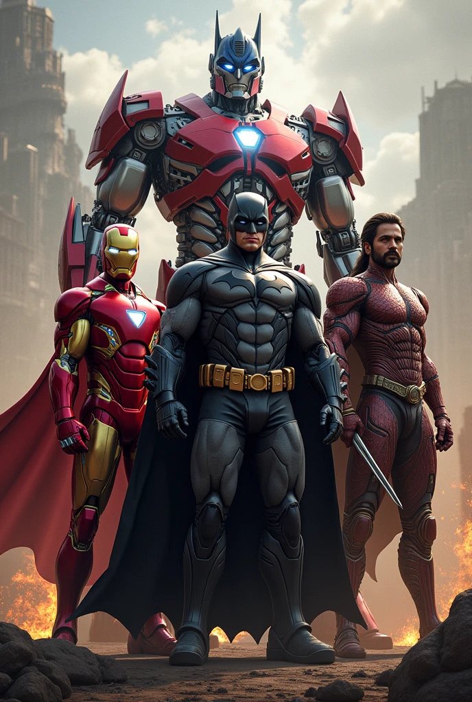 Make iron man, batman, optimus prime, shaktiman , bahubali standing together image 