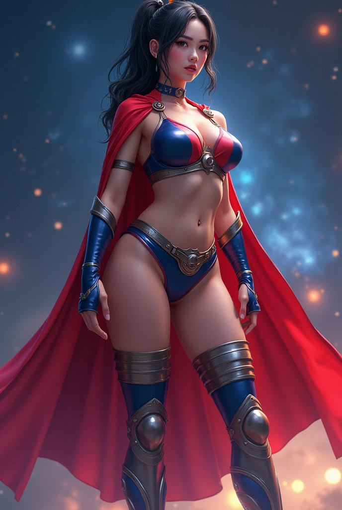 Female, age 25-30, japanese, dark hair, ponytail, fair skin, gymer, full body, busty, costume: red metallic domino mask, red choker, red cape, one-piece sleeveless blue top with white sides, up side down white triangle symbol, O-shape belly cutout, red undies, thighs out, white thigh-high socks, red boots, short blue fingerless gloves, white shooter sleeves, metallic bands on arms and boots, space background