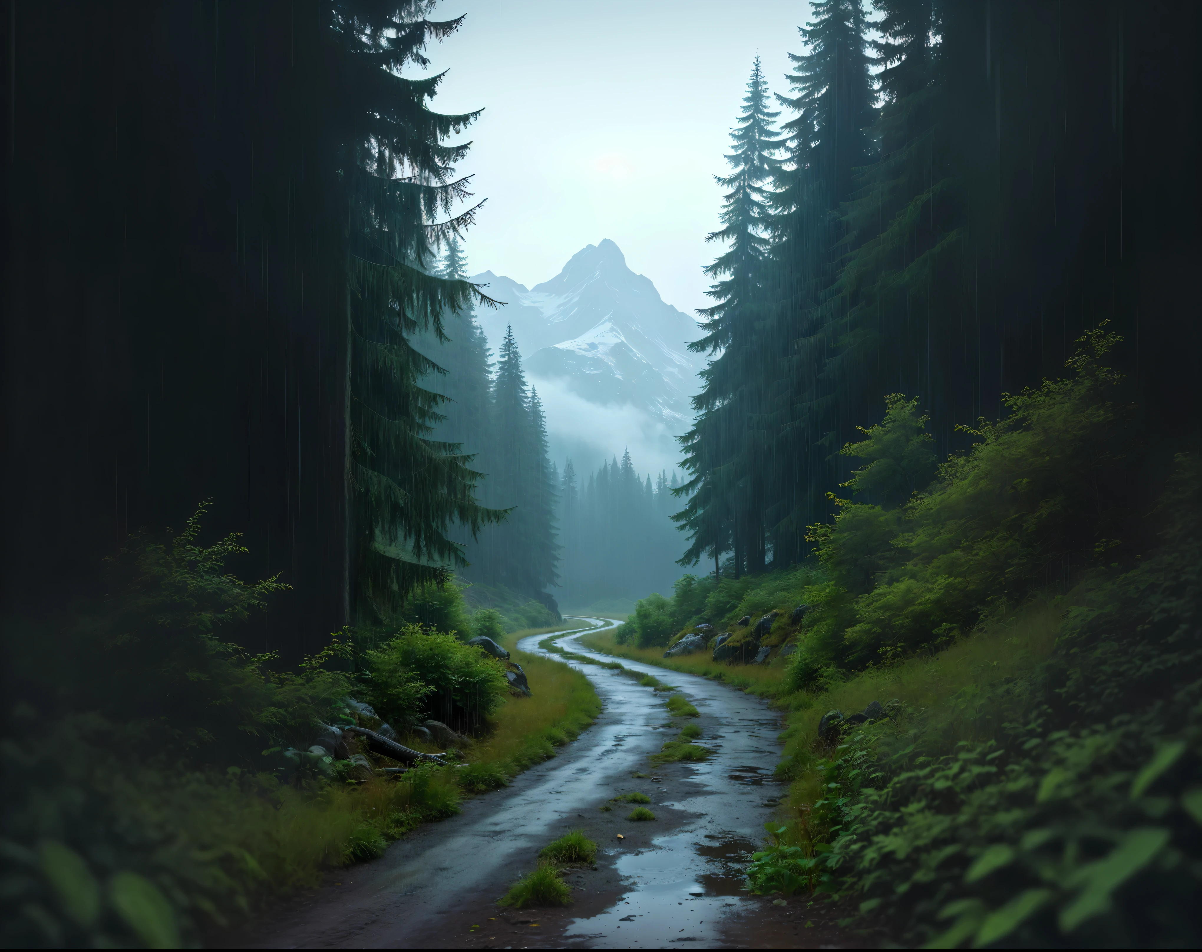 there is a dirt road through the center of the forest。, Slippery road, in a Rainy Day Environment, Magnificent natural scenery, Rainy Day Environment, Nature Wallpapers, author Franz Hegi, Rainy weather, Hiking time, ryan dyar, Rain and gloomy atmosphere, author：rainer hosch, Rainy day mood，clear