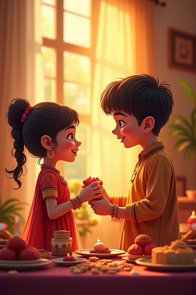On the festival of Rakshabandhan a brother (boy) is giving money to his sister, Happy,There are rakhi and sweets on the table 
