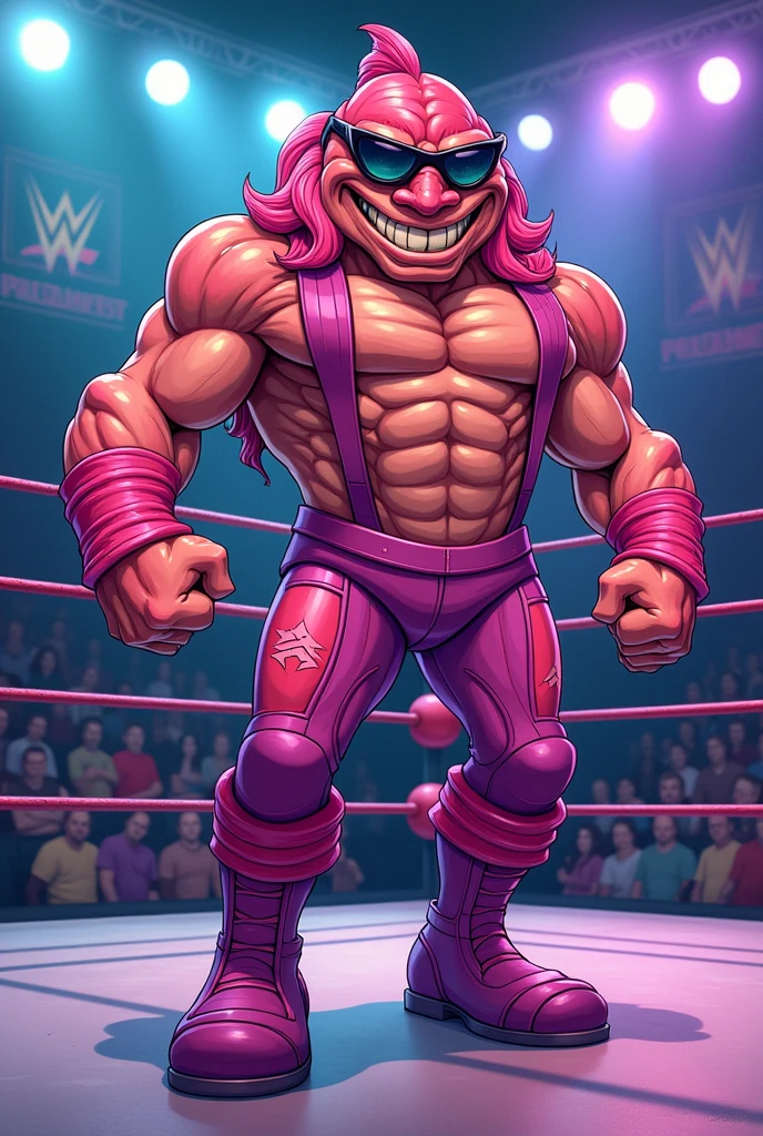cartoon salmon dressed like macho man Randy savage in wrestling ring