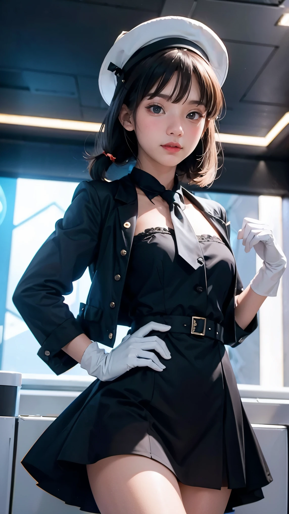 2 days, Masterpiece, best quality, anime, Highly detailed face, Highly detailed eyes, highly detailed background, perfect lighting, cowboy shoot, 1 girl, alone, Aki Rosenthal, Collar dress, short dress, short sleeve, blue jacket, black thighs, single hair, long hair, Low Twintails, bob cut, necktie, hat, white gloves, elbow gloves, wide hips, smile, stand, inside a spaceship 