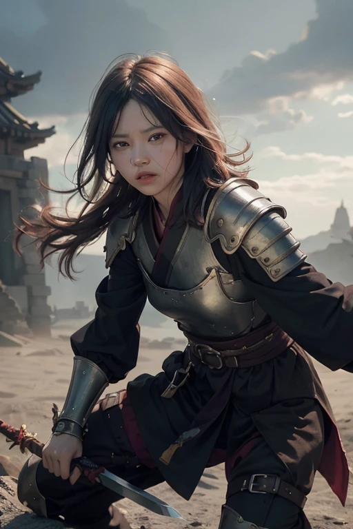(Positive Focus)、(in the darkness nigth:1)、(beste-Qualit)、(Realisticity:1)、realistic skin textures、Extremely detailled、8k wall paper、volume illumination、Dynamic lighting、babes、black robes、red obi、small amount of armor、armor on the shoulders、Waist protection、hand guard、veils、Holding a short sword in front of you、Ancient Chinese Wind、Escape Action、Run、scape、Chased、 Waist dagger、Semi-crouched attack stance、blood stain、Clothes torn、ancient Chinese battlefield、Group of ancient soldiers chasing and killing、Flying arrows、war、nights、dramatic compositions、sayaairie、