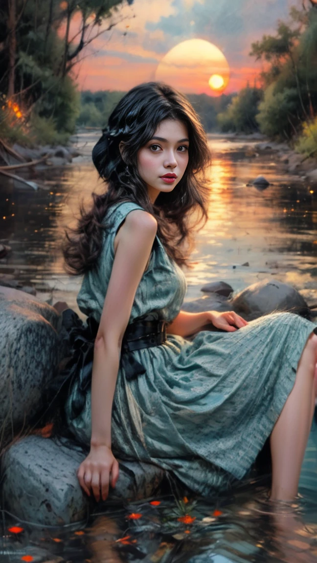 cartoon, realistic, 1Girl, 25 years old, face, waist-high, perfect, beautiful, eyes( ultra blue 1.2),hair long (dynamic), beautiful figure,, beautiful,/ sits, on a rock, in front of me, (pose (spread your legs) , in front of the camera)river bank, a small stone (in the water) on a stone, a girl, late evening, stars, fireflies, sunset, water surface, landscape, masterpiece, illustration, 16k,High art,