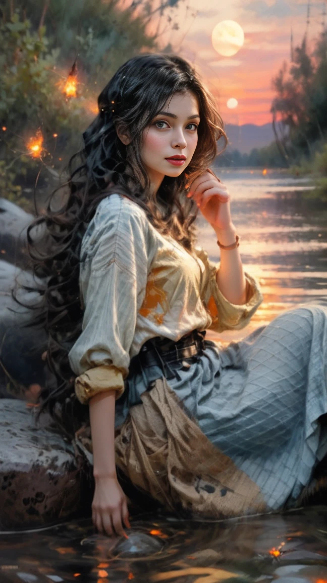 cartoon, realistic, 1Girl, 25 years old, face, waist-high, perfect, beautiful, eyes( ultra blue 1.2),hair long (dynamic), beautiful figure,, beautiful,/ sits, on a rock, in front of me, (pose (spread your legs) , in front of the camera)river bank, a small stone (in the water) on a stone, a girl, late evening, stars, fireflies, sunset, water surface, landscape, masterpiece, illustration, 16k,High art, 