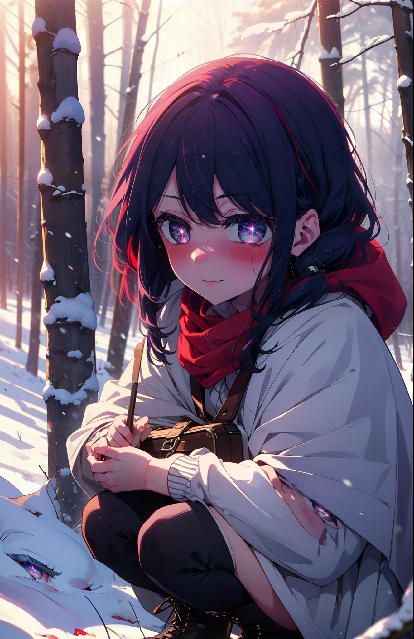 aihoshino, Ai Hoshino, Long Hair, bangs, (Purple eyes:1.1), Purple Hair, (Symbol-shaped pupil:1.5), smile,,smile,blush,white breath,
Open your mouth,snow,Ground bonfire, Outdoor, boots, snowing, From the side, wood, suitcase, Cape, Blurred, , forest, White handbag, nature,  Squat, Mouth closed, Cape, winter, Written boundary depth, Black shoes, red Cape break looking at viewer, Upper Body, whole body, break Outdoor, forest, nature, break (masterpiece:1.2), Highest quality, High resolution, unity 8k wallpaper, (shape:0.8), (Beautiful and beautiful eyes:1.6), Highly detailed face, Perfect lighting, Extremely detailed CG, (Perfect hands, Perfect Anatomy),