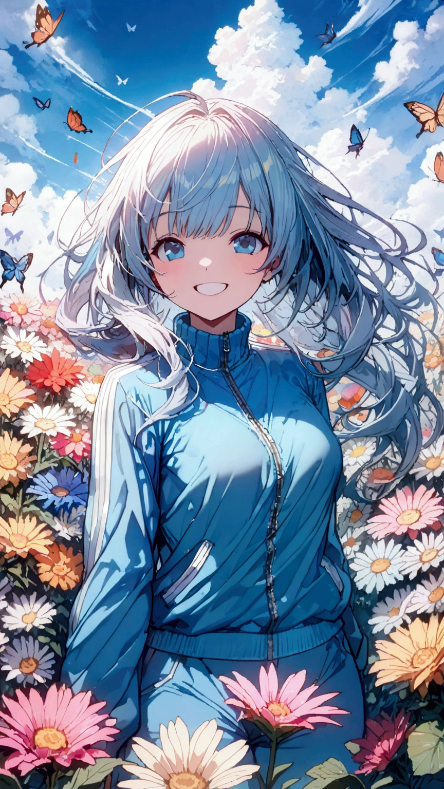 Highest quality,8k,Highly detailed CG unit wallpaper,masterpiece:1.2,Ultra-high resolution,RAW Photos,(beautiful girl: 1.3),Looks about 15 years old、 (Blue sweatpants:1.3), (The jacket is a blue track jacket...: 1.3), Flower Field、Front view,((big, Round and beautifully shaped butt)),(Great smile:1.3),butterflies in flowerbed