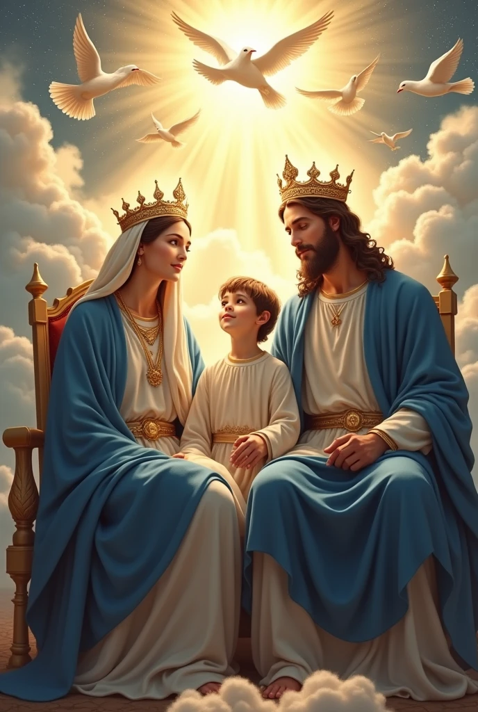 (photorealism:1.2), beautiful virgin Mary, handsome Jesus Christ and handsome  teen Jesus,ting in the throne each of them in the kingdom of god that full of clouds, the light of their crowns and hearts spreading all over, wearing the blue color of a king, queen and prince, the crown of lights, real beautiful faces, real nice hair, real face, heaven outdoors that full of clouds, brighter lighting, five fingers, clouds and many doves in the background, stars and sunlight, beautiful heaven of paradise, relaxed pose, realistic, intricate details, bright and warm colors, 