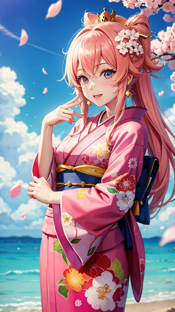 A kimono-clad Super Mario character enjoying a cherry blossom viewing party、Princess Peach