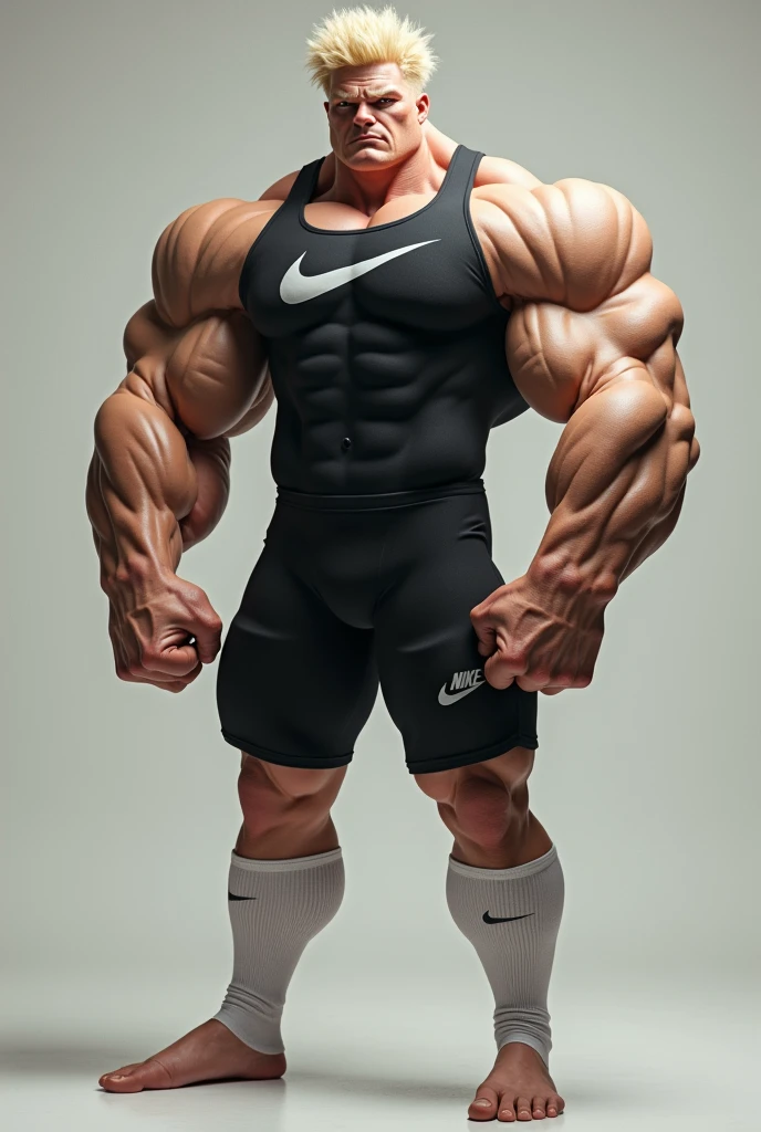 A teenage god with blond hair and white skin, This god has enormous muscles, muscles so big that they make his head look small compared to his body. His shoulder muscles are so big and inflated that they seem to surround his head and make it look small.. Her legs are more muscular and huge, They are twice as long as those of a normal body, and these are three times as large and muscular., Her thighs appear especially more developed and inflated with muscle.. This God is a sports god wearing a super tight black Nike Lycra suit, a pair of extra long white Nike football socks that he wears stretched up to his knees..