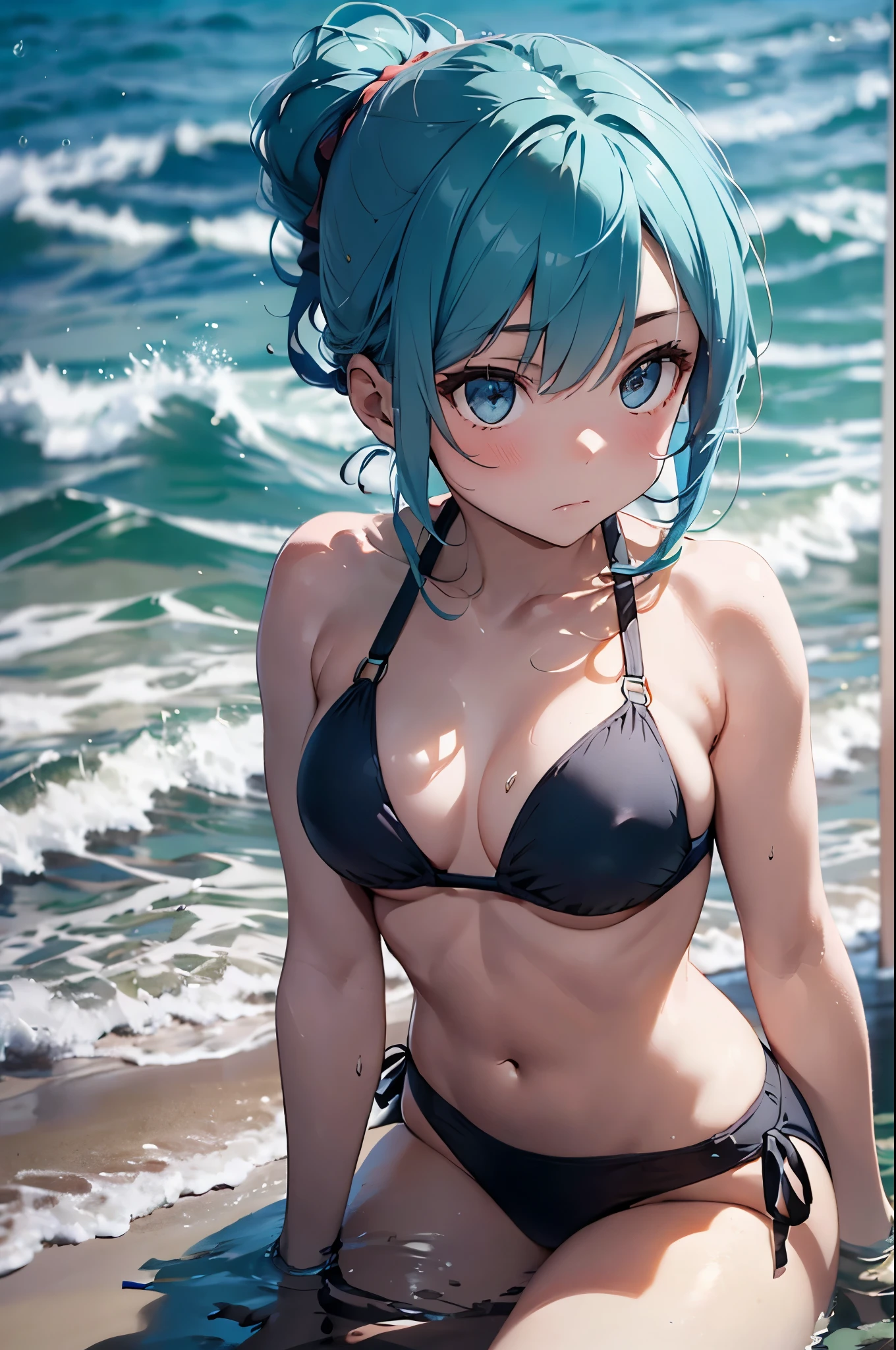 4K,8k,High resolution,
One beautiful young woman,Light blue hair、ponytail、
(Soft Saturation:1.3), (Fair skin:1.2),
(ultra-Detailed Background, Detailed Background), Bokeh,
break'Smiling portrait.,
When viewed from the front, The composition is symmetrical,
Looking straight at you with serious eyes,
break Swimwear, Strap Bikini, Center of chest,
Outdoor, Sea surface, null, sunlight,Summer beach, Sandy Beach,
Strong light, Front lighting,
(:1.3), (Cowboy Shot:1.2),
Front brake angle,
View your viewers,
Dynamic pose,
sitting on the beach
Seaweed、Seaweed、Seaweed、Seaweed、Seaweed、Seaweed、Seaweed、