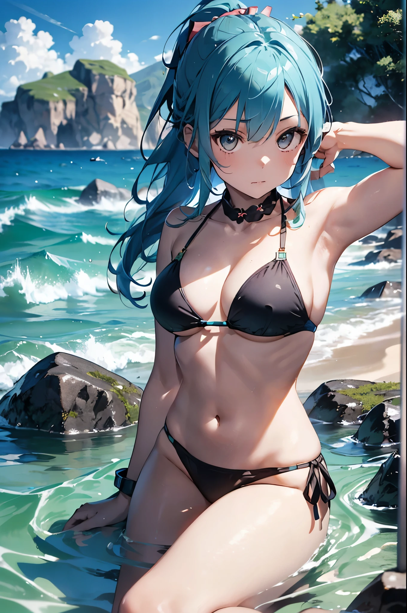 4K,8k,High resolution,
One beautiful young woman,Light blue hair、ponytail、
(Soft Saturation:1.3), (Fair skin:1.2),
(ultra-Detailed Background, Detailed Background), Bokeh,
break&#39;Smiling portrait.,
When viewed from the front, The composition is symmetrical,
Looking straight at you with serious eyes,
break Swimwear, Strap Bikini, Center of chest, 
Outdoor, Sea surface, null, sunlight,Summer beach, Sandy Beach,
Strong light, Front lighting, 
(Teen:1.3), (Cowboy Shot:1.2),
Front brake angle,
View your viewers,
Dynamic pose,
sitting on the beach

Seaweed、Seaweed、Seaweed、Seaweed、Seaweed、Seaweed、Seaweed、