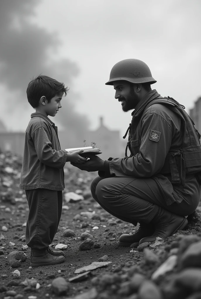 In a sombre and poignant black and white scene, a , with an expression of tenderness and hope, extends a book to a soldier in the middle of a devastated battlefield. the boy, with simple and worn clothes, It seems to contrast with the harshness of the war environment that surrounds it.. The soldier, covered in dust and with a look of surprise and gratitude, receives the book with hands marked by conflict. At the bottom, The landscape shows the desolation of war: debris, smoke and destroyed structures, all under a greyish sky that emphasizes the melancholic tone of the image. This scene captures a moment of humanity and hope in the midst of adversity..