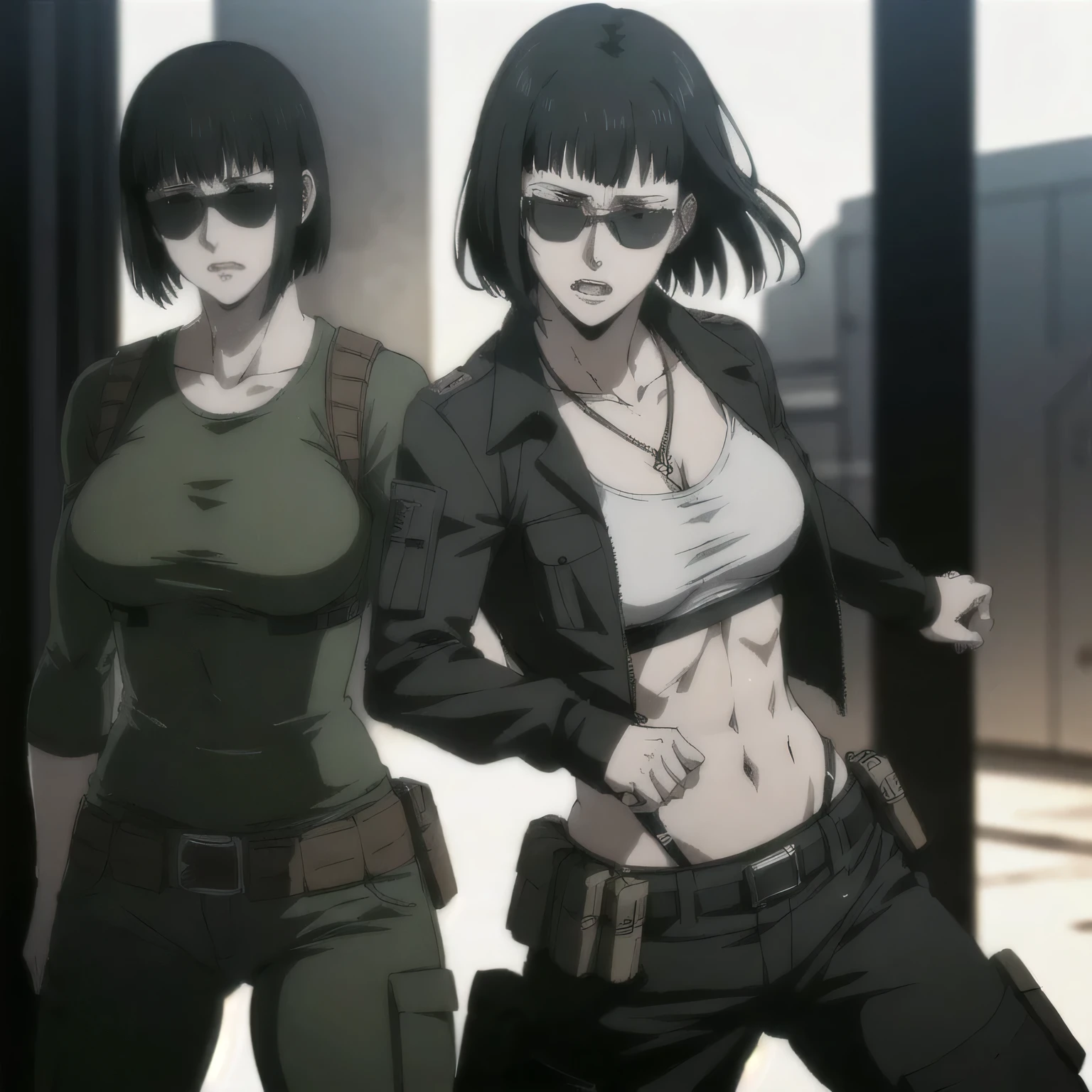 (best quality,ultra-detailed,realistic:1.37),musclaur badass girl with sculpted body wearing tank top inside open jacket and combat trousers with belt, full review of the female character's face and body, intense expression, strong and confident posture, studio lighting, vivid colors, physiologically-based rendering, grungy texture, rugged background, dust particles in the air, commanding presence, professional, powerful, gritty aesthetics,,Valmet،short hair,necklace,sunglasses,solo,in military base,