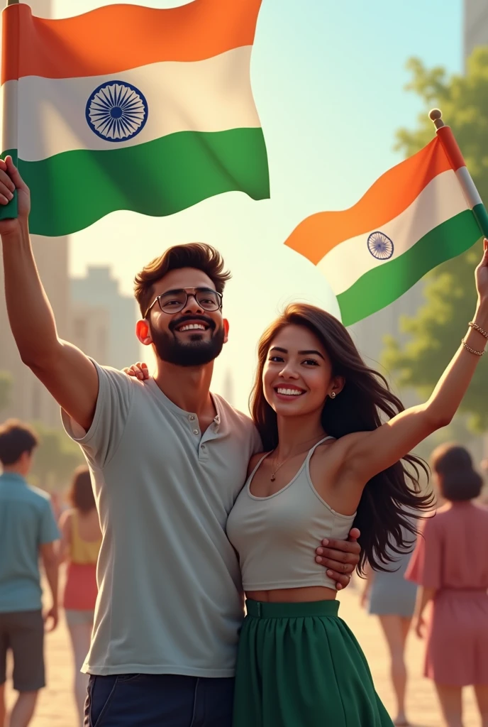 Indian male, Philippines girl, She is 25 years oldBoth of them have an  one Indian flag in their hands,They both celebrate Indian Independence Day,A few people were watching them, "happy Indian Independence day August 15" text in background